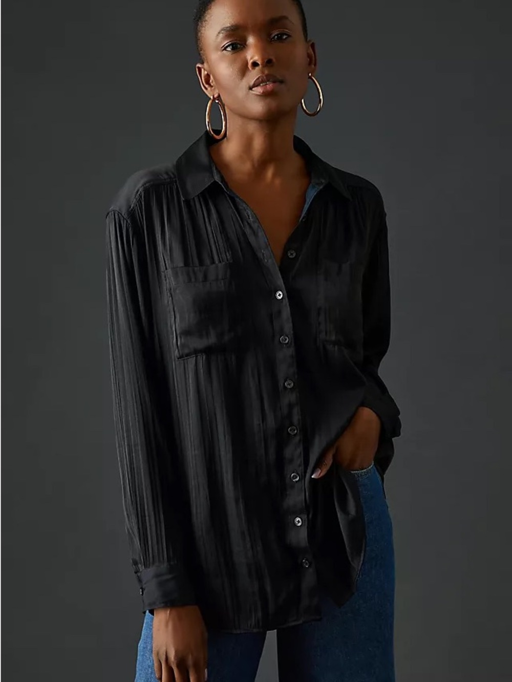 Anthropologie Black Button-Up Blouse Collared Long Sleeve XL Relaxed